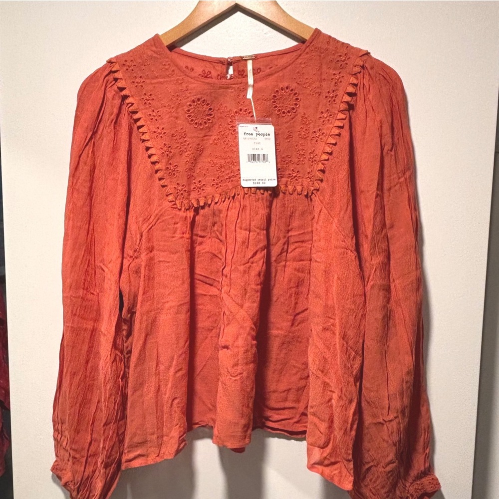 Free People Blouse Women S Rust New Eyelet Embroidered Boho Gauze Top